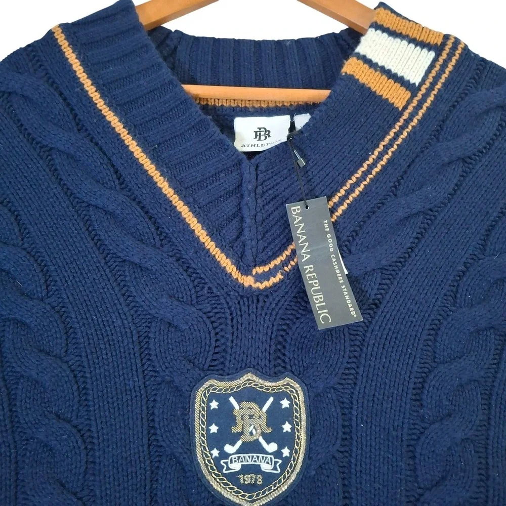 Banana Republic BR Athletics Sweater Vest Men's XL Navy Cable Knit Wool Cashmere